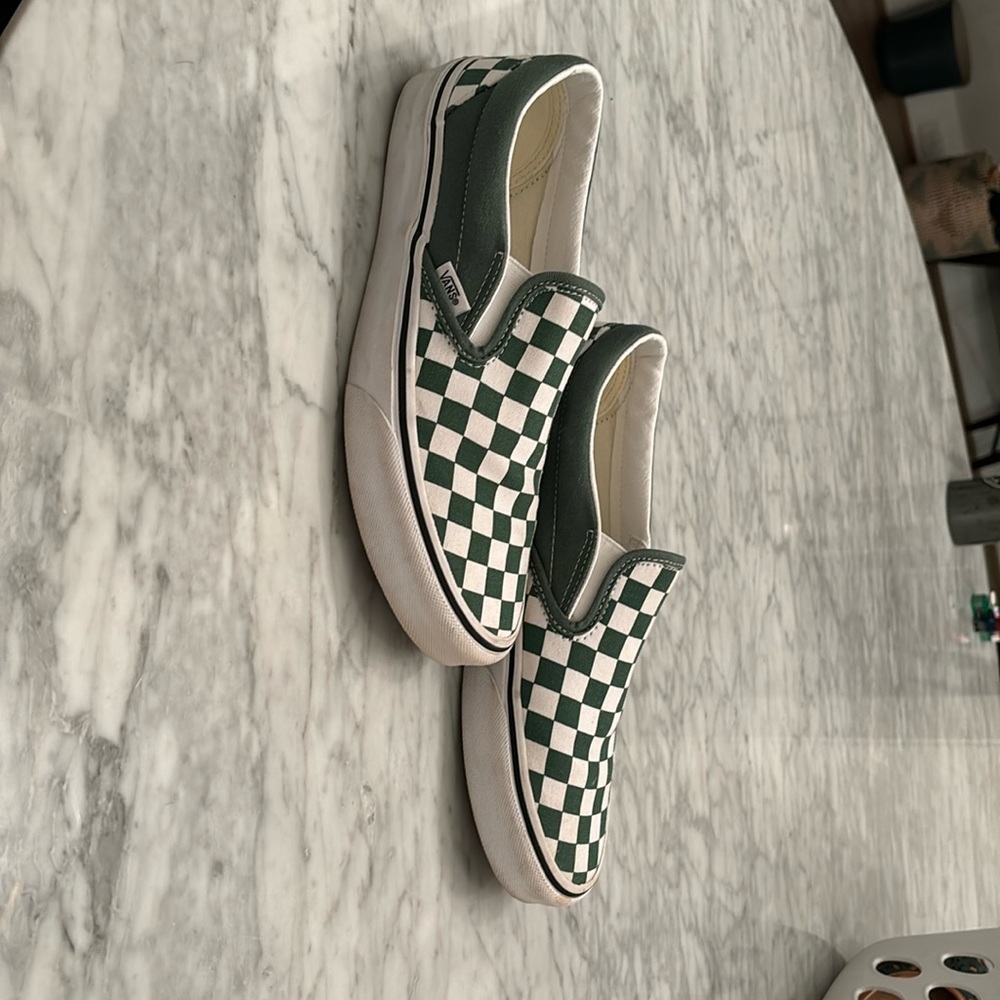 Vans green checkered slips on tennis shoes